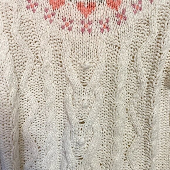 Vintage Womens White Mock Neck Cable Fisherman Knit Bobble Hearts Sweater Medium - Picture 6 of 9